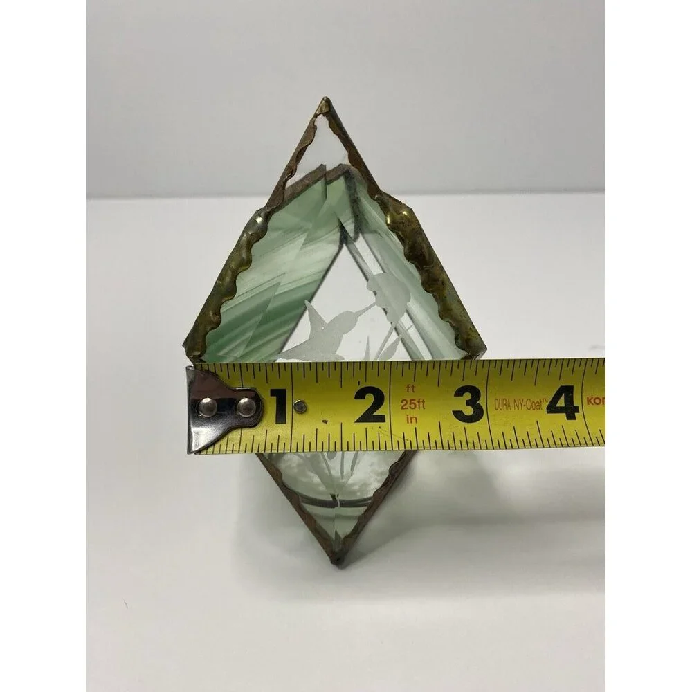 Stained‎ Green Glass Tea Light Holder Etched Glass Hummingbird Floral Design
